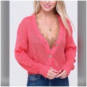 Coral Button Down Slouchy Crop Sweater Cardigan